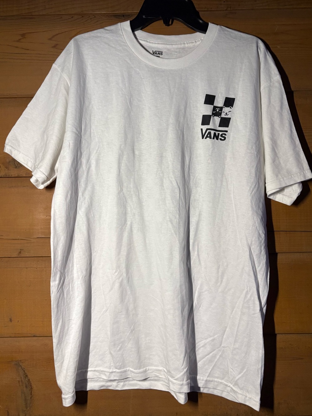 Vans White Graphic Tee- Men’s Size L- Cat Black & White Checkerboard Print